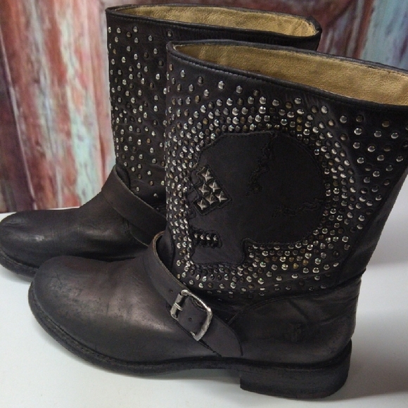 Frye Shoes - Frye Black Studded Skull Combat Boots Size 11